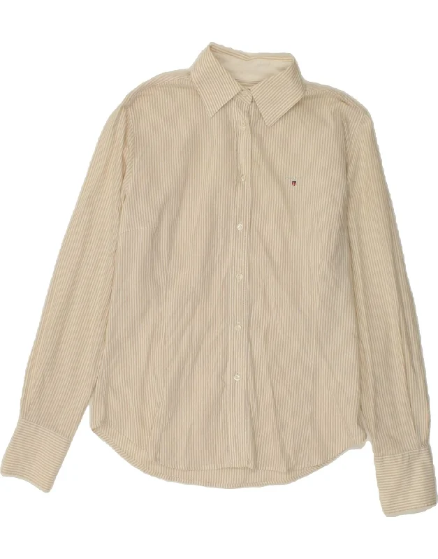 GANT Womens Shirt UK 14 Large Beige Pinstripe Cotton Fashionable Cuffed Short Sleeve