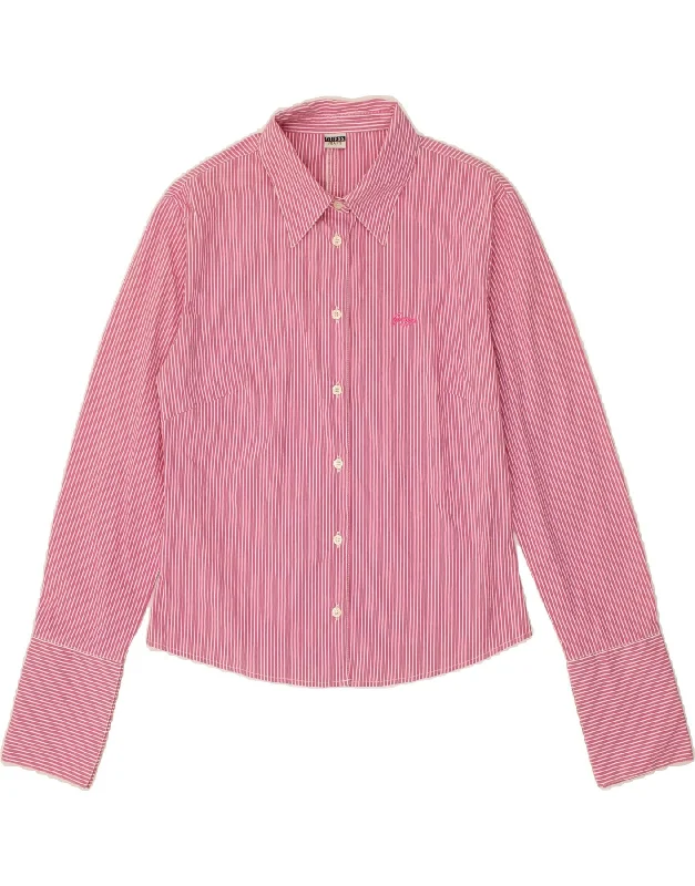 GUESS Womens Shirt UK 12 Medium Pink Striped Cotton Fashionable Button-Front Short Sleeve