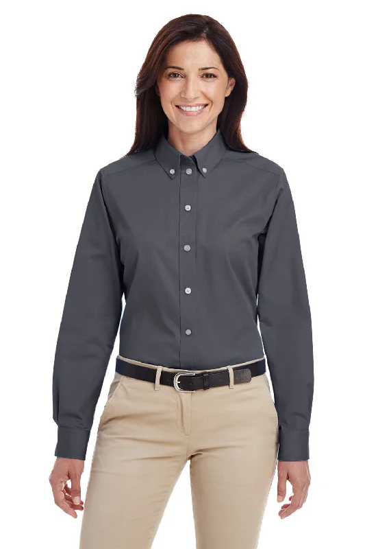 Harriton Womens Foundation Stain Resistant Long Sleeve Button Down Shirt - Dark Charcoal Grey - Closeout Comfortable Fitted Short Sleeve