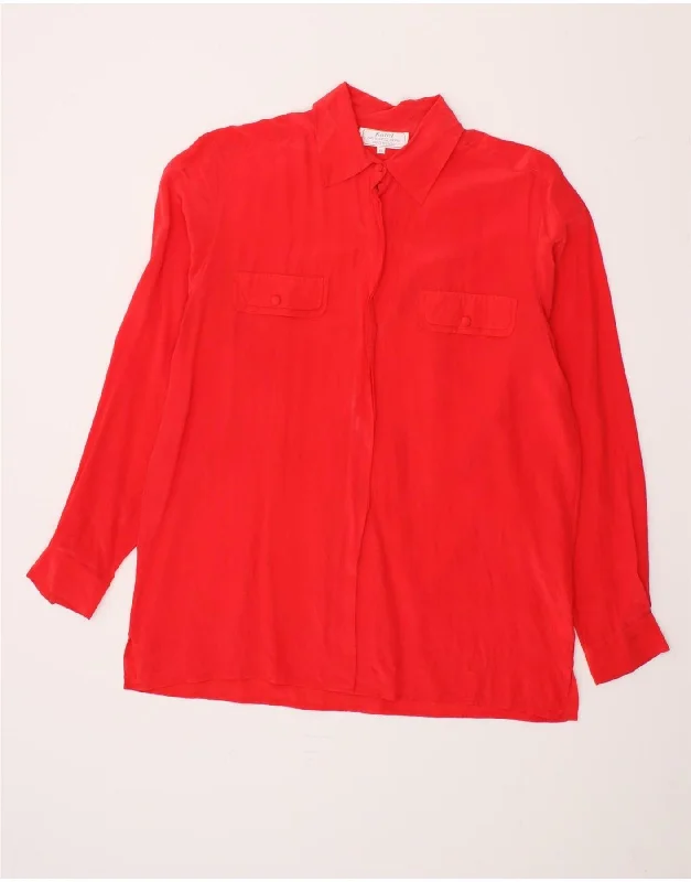 KAREL Womens Shirt Blouse IT 46 Large Red Silk Classic Cropped Short Sleeve