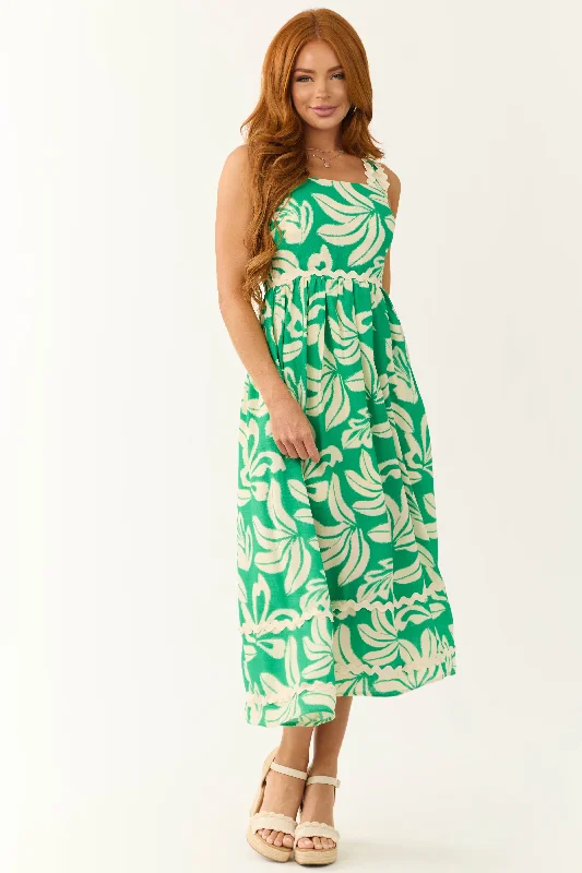 Kelly Green and Cream Tropical Leaf Print Midi Dress Trendy Ruched Side Midi Dress