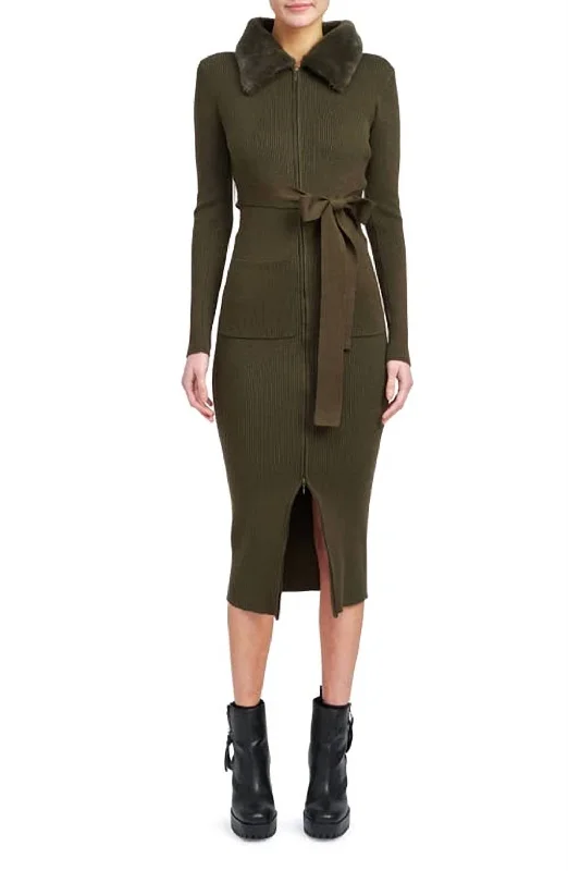 Long Sleeve Belted Midi Dress With Faux Fur Collar In Olive Cozy Midi Dress with Pockets