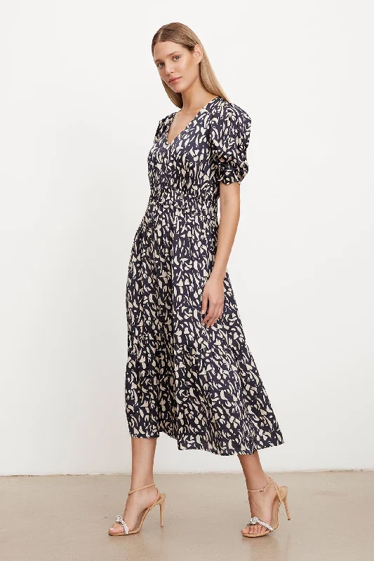 LYUDA PRINTED SATIN MIDI DRESS Trendy Square Neck Midi Dress