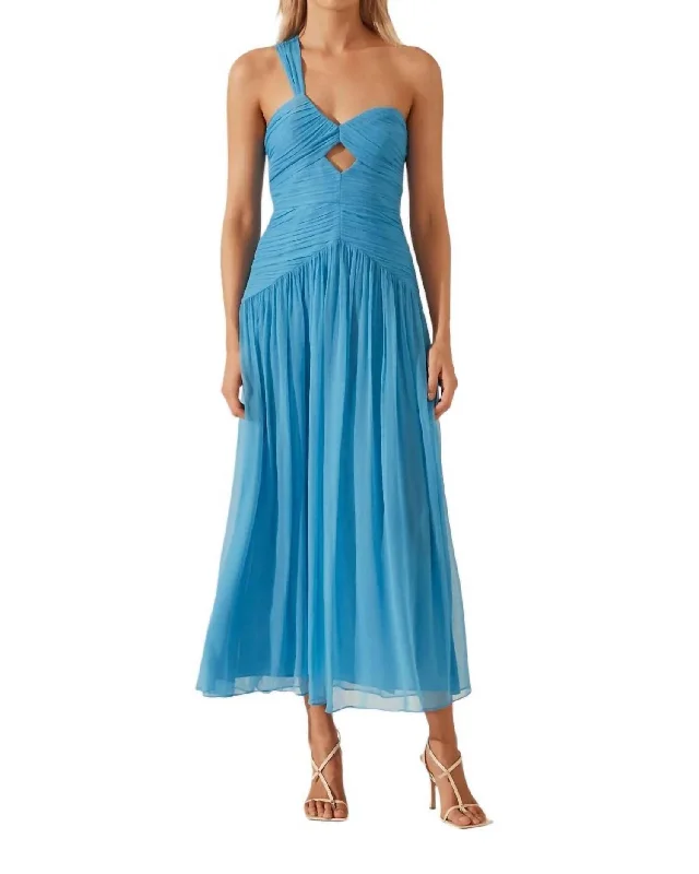 Margot One Shoulder Midi Dress In Aqua Comfortable Empire Waist Midi Dress