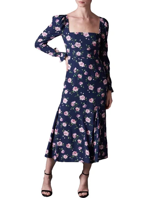 Marianne Womens Floral Puff Sleeve Midi Dress Stylish Long Sleeve Floral Midi Dress