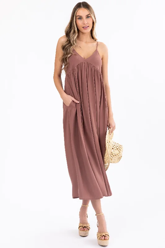 Mocha Woven Strapless Flowy Midi Dress Elegant Satin Midi Dress