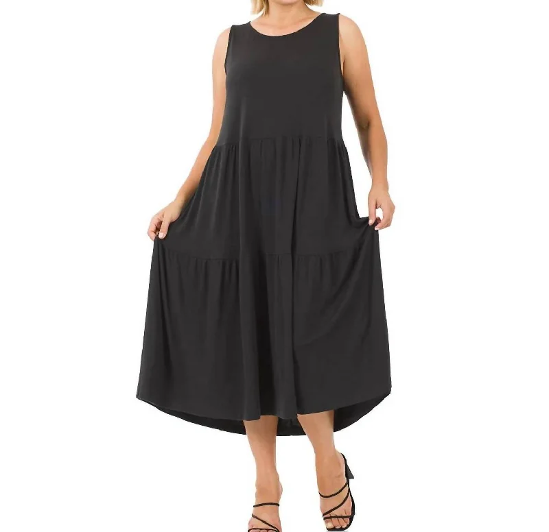 Monica Tiered Midi Dress In Black Stylish Satin Midi Dress