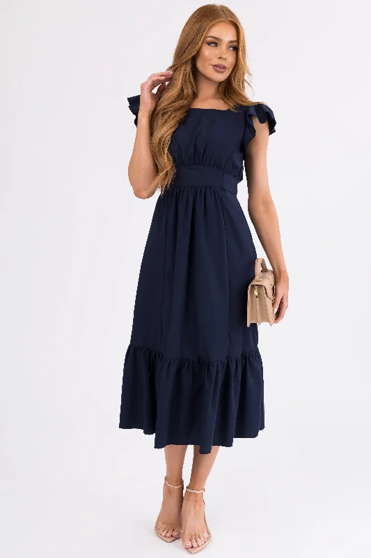 Navy Open Back Ruffle Short Sleeve Midi Dress Fashionable Fitted Midi Dress