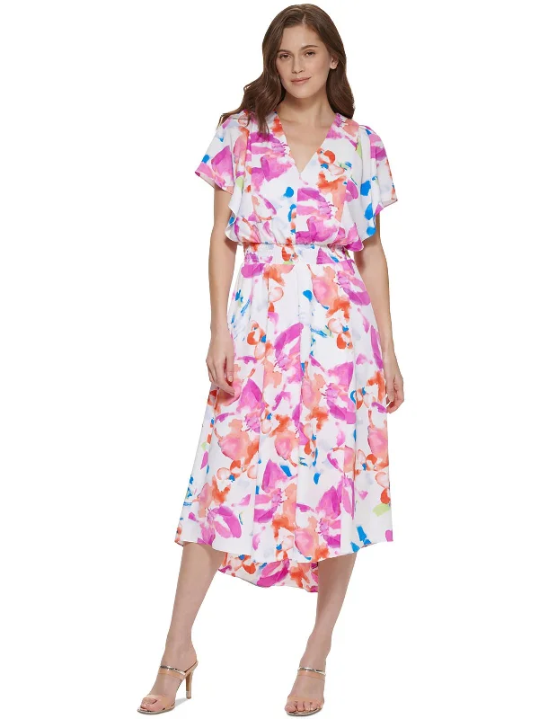 Petites Womens Tie-Dye Calf Midi Dress Stylish Color Block Midi Dress