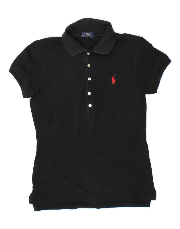 POLO RALPH LAUREN Womens Polo Shirt UK 10 Small Black Cotton Fashionable Tied Short Sleeve