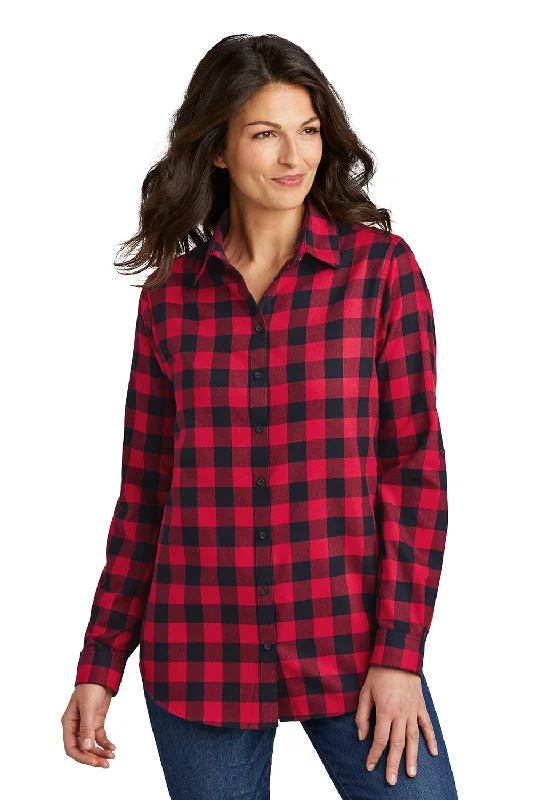 Port Authority Womens Flannel Long Sleeve Button Down Shirt - Red/Black Buffalo Comfortable Ribbed Short Sleeve