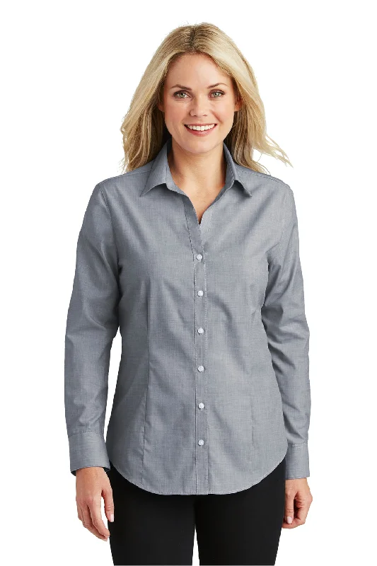 Port Authority Womens Easy Care Wrinkle Resistant Long Sleeve Button Down Shirt - Navy Blue Frost - Closeout Elegant Longline Short Shirt