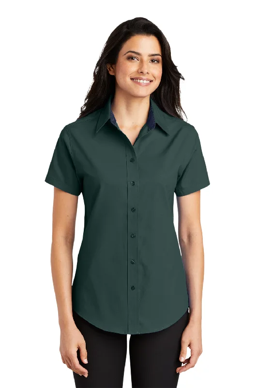 Port Authority Womens Easy Care Wrinkle Resistant Short Sleeve Button Down Shirt - Dark Green Relaxed Short Sleeve Tee