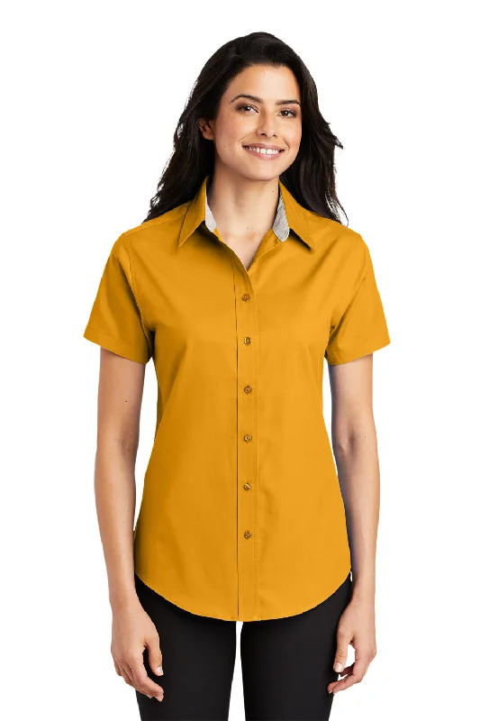 Port Authority Womens Easy Care Wrinkle Resistant Short Sleeve Button Down Shirt - Athletic Gold - Closeout Casual Plain Short Shirt