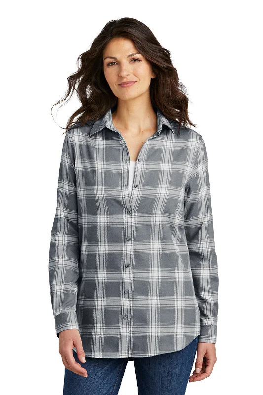 Port Authority Womens Flannel Long Sleeve Button Down Shirt - Grey/Cream Open Plaid - NEW Cozy Plain Short Sleeve