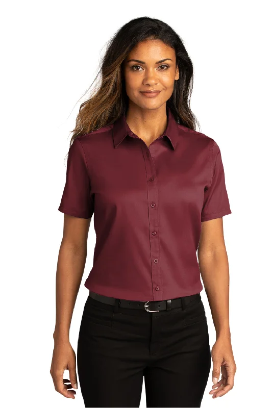 Port Authority Womens SuperPro Wrinkle Resistant React Short Sleeve Button Down Shirt - Burgundy Relaxed Cotton Short Blouse