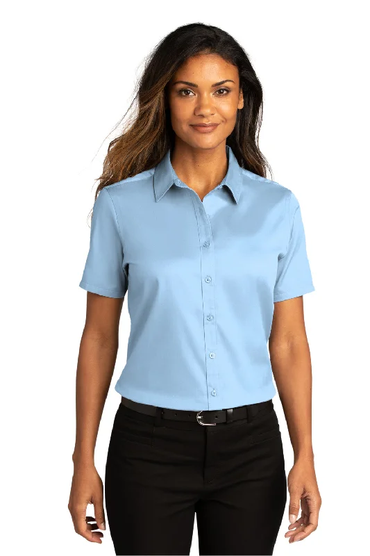 Port Authority Womens SuperPro Wrinkle Resistant React Short Sleeve Button Down Shirt - Cloud Blue Casual Boxy Short Shirt