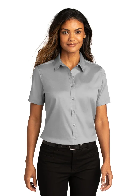 Port Authority Womens SuperPro Wrinkle Resistant React Short Sleeve Button Down Shirt - Gusty Grey Stylish Casual Short Tee