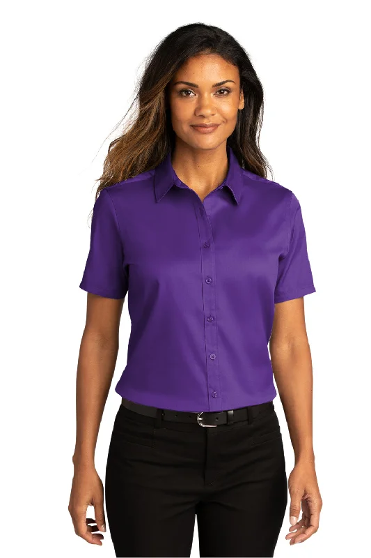 Port Authority Womens SuperPro Wrinkle Resistant React Short Sleeve Button Down Shirt - Purple Soft Cotton Short Shirt