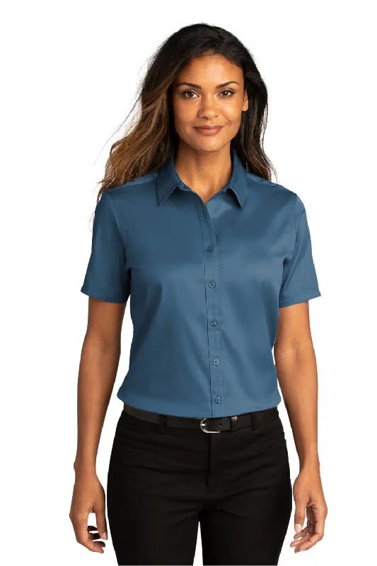 Port Authority Womens SuperPro Wrinkle Resistant React Short Sleeve Button Down Shirt - Regatta Blue Fashionable Draped Short Sleeve