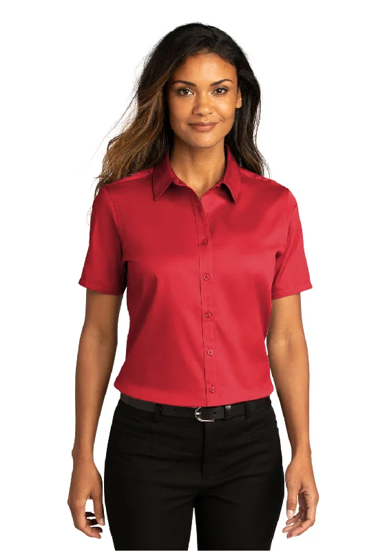 Port Authority Womens SuperPro Wrinkle Resistant React Short Sleeve Button Down Shirt - Rich Red Trendy Summer Short Sleeve