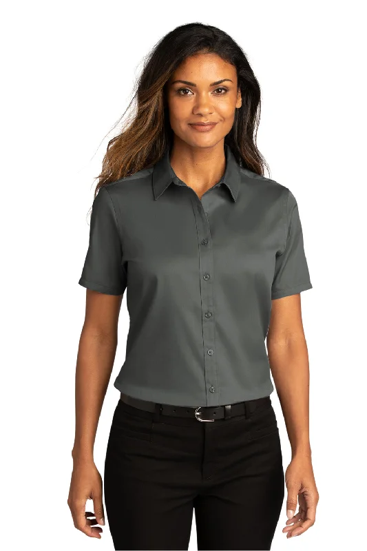 Port Authority Womens SuperPro Wrinkle Resistant React Short Sleeve Button Down Shirt - Storm Grey Relaxed Short Sleeve Tee