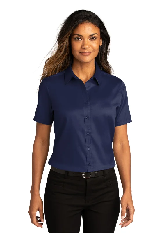 Port Authority Womens SuperPro Wrinkle Resistant React Short Sleeve Button Down Shirt - True Navy Blue Trendy Print Short Sleeve