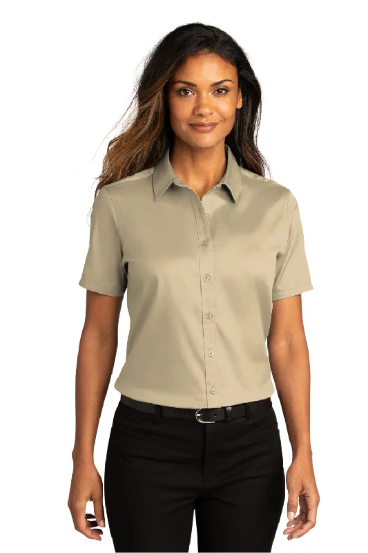 Port Authority Womens SuperPro Wrinkle Resistant React Short Sleeve Button Down Shirt - Wheat Chic V-Neck Short Blouse