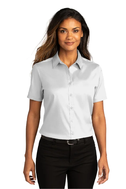 Port Authority Womens SuperPro Wrinkle Resistant React Short Sleeve Button Down Shirt - White Casual Ruffle Short Shirt