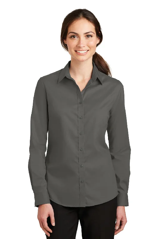 Port Authority Womens SuperPro Wrinkle Resistant Long Sleeve Button Down Shirt - Sterling Grey Modern Short Sleeve Top