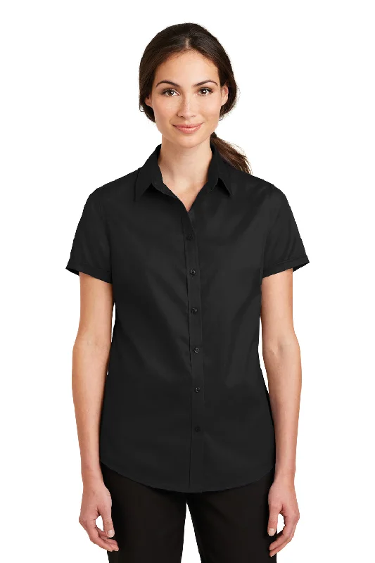 Port Authority Womens SuperPro Wrinkle Resistant Short Sleeve Button Down Shirt - Black Comfortable Pocket Short Shirt