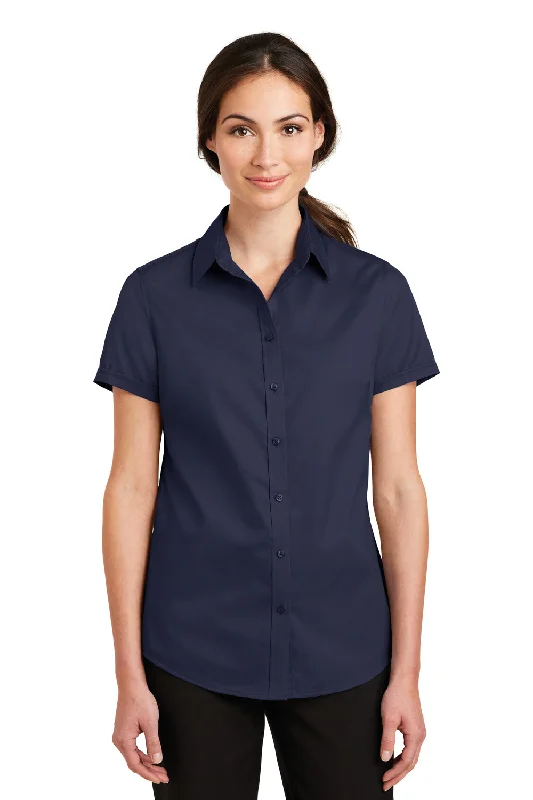 Port Authority Womens SuperPro Wrinkle Resistant Short Sleeve Button Down Shirt - True Navy Blue Classic Casual Short Sleeve