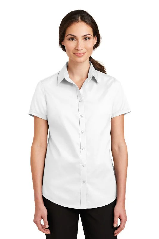 Port Authority Womens SuperPro Wrinkle Resistant Short Sleeve Button Down Shirt - White Elegant High-Low Short Shirt