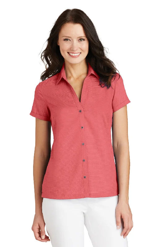 Port Authority Womens Wrinkle Resistant Short Sleeve Button Down Camp Shirt - Deep Coral Pink - Closeout Soft Cotton Short Shirt