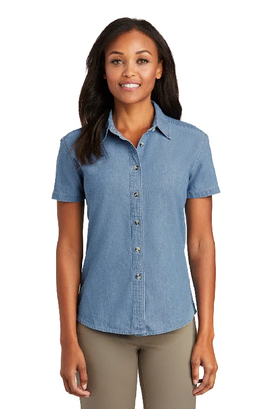 Port & Company Womens Denim Short Sleeve Button Down Shirt - Faded Blue Cozy Summer Short Shirt