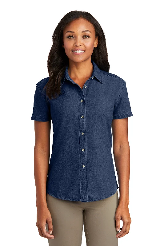 Port & Company Womens Denim Short Sleeve Button Down Shirt - Ink Blue Classic Denim Short Sleeve