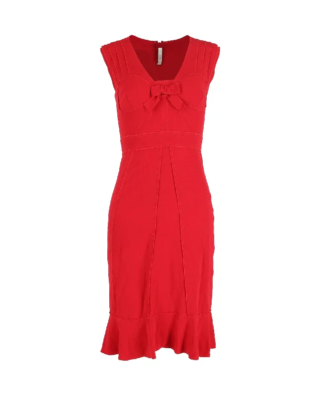 Prada V-neck Bow Midi Dress in Red Acetate Elegant V-Neck Midi Dress