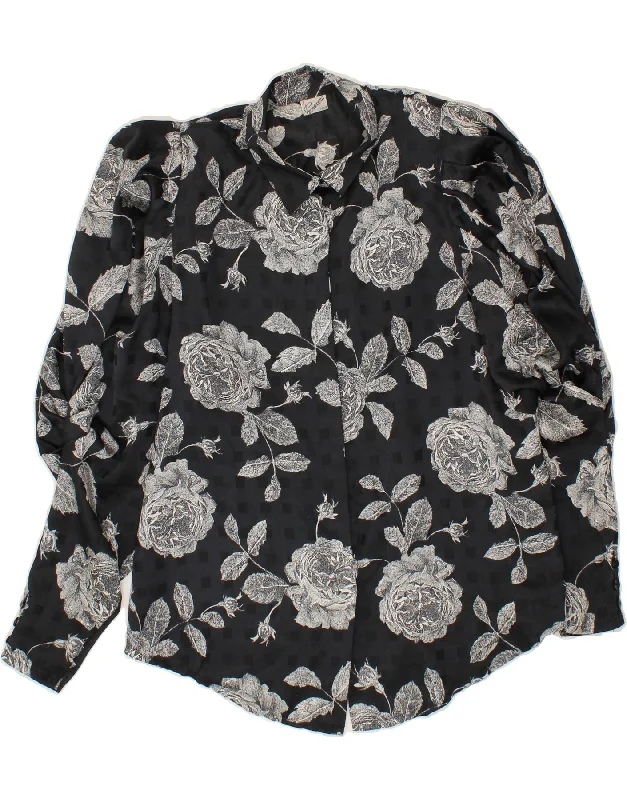 PRIMAVERA FIRENZE Womens Shirt Blouse UK 16 Large Black Floral Polyester Comfortable Ribbed Short Sleeve