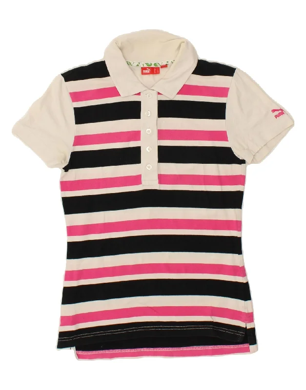 PUMA Womens Polo Shirt UK 10 Small Multicoloured Striped Stylish Split-Hem Short Shirt