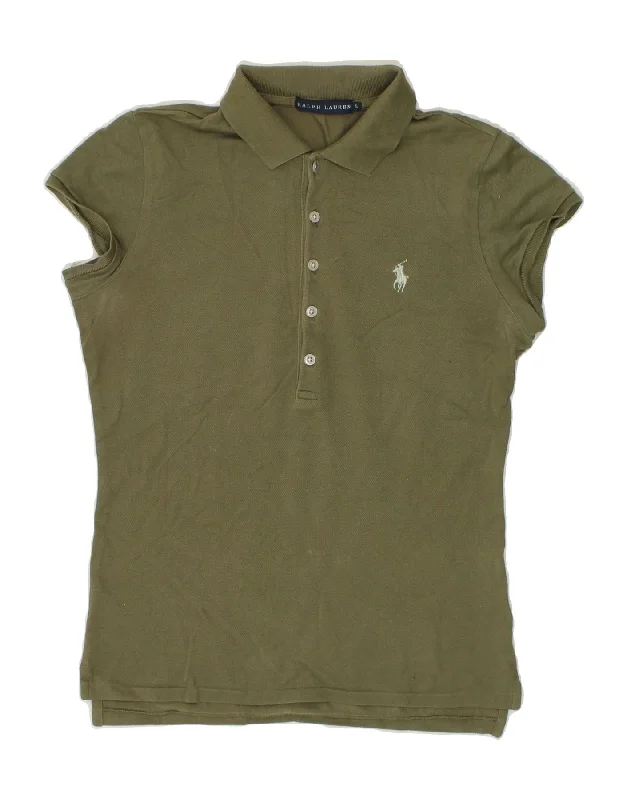 RALPH LAUREN Womens Polo Shirt UK 10 Small Khaki Cotton Elegant Lace Short Sleeve