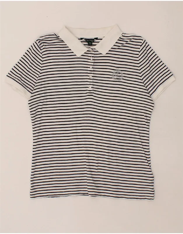 RALPH LAUREN Womens Polo Shirt UK 14 Large White Striped Cotton Chic V-Neck Short Blouse