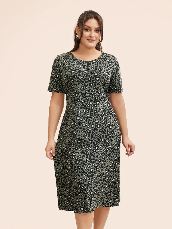 Round Neck Leopard Print Midi Dress Fashionable Polka Dot Midi Dress