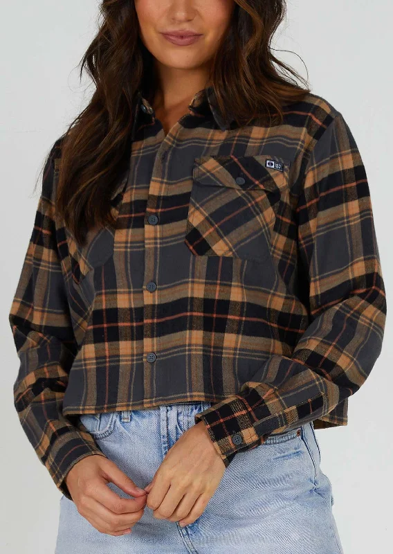 Salty Crew Women's Stay Golden Crop Flannel Button Up Shirt Cozy Loose Fit Short Sleeve