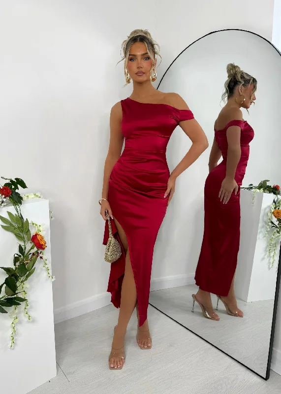 Same Heart Satin Midi Dress - Wine Cozy A-Line Midi Dress