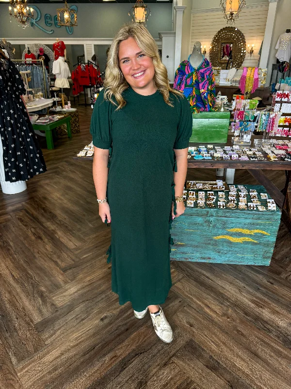 Side Bow Midi Dress: Hunter Green Comfortable Wrap Midi Dress