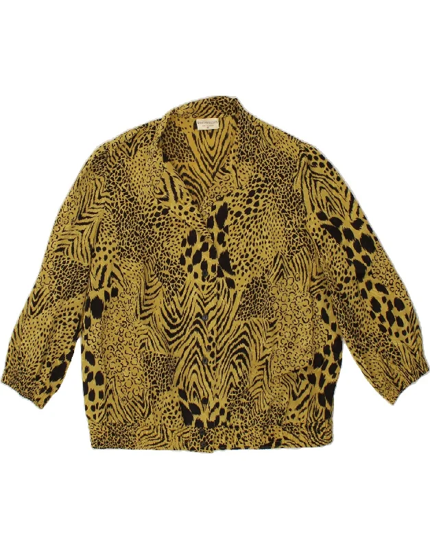 SOMMERMANN Womens Shirt Blouse EU 46 XL Yellow Animal Print Polyester Classic V-Neck Short Shirt