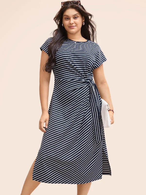 Striped Split Side Cap Sleeve Midi Dress Comfortable Draped Midi Dress