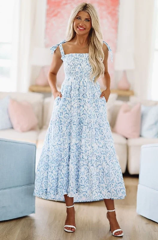 Summer Soiree Midi Dress - Blue and White Chic Floral Print Midi Dress