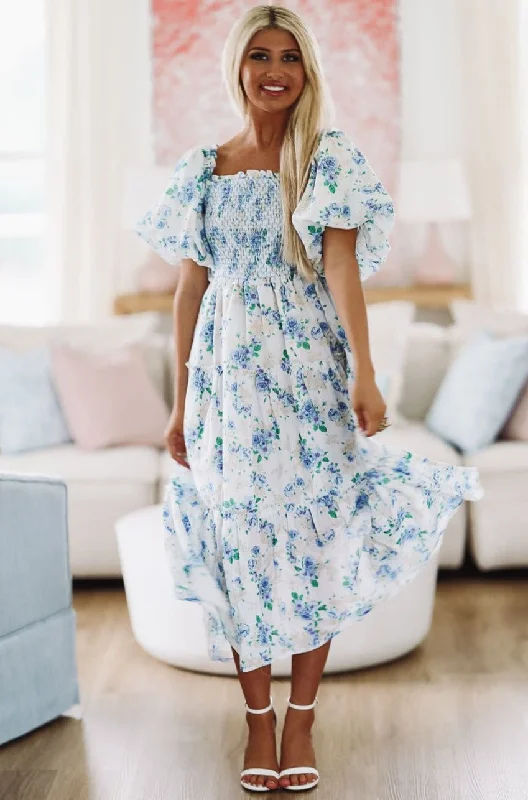 Sunday Morning Floral Midi Dress - Blue and White Comfortable Ribbed Midi Dress