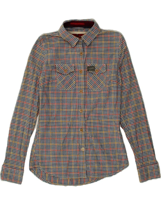 SUPERDRY Womens Shirt UK 10 Small Multicoloured Check Cotton Relaxed Fit Short Blouse